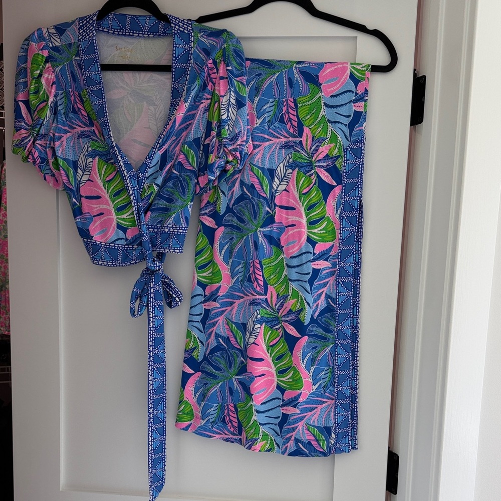 Lilly Tropical Leaf Two-Piece Set in Blue, Pink & Green